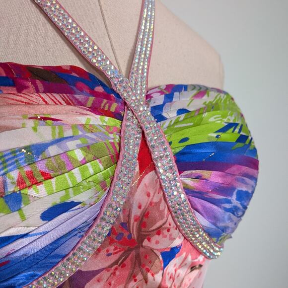 Vintage Cache Prom Dress Silk Maxi Gown 6 Multi Y2K Floral Fairy Glam Pink Blue - Picture 2 of 15